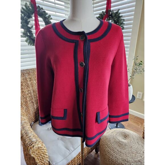 Talbots Red & Navy Blue Cardigan Sweater Womens Size M Preppy Nautical - Picture 2 of 9